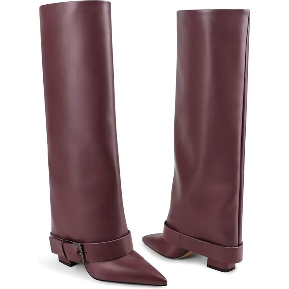 Women's Burgundy Wide Calf Pointed Toe Belt Buckle Knee High Fall Long Boot - Picture 5 of 6
